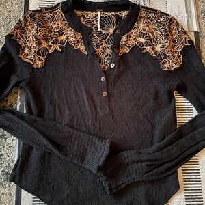 Free People Black Top with Orange Lace Accents